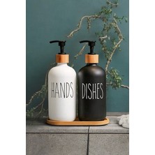 Emr Shop 2 Li Hands Dishes Siyah Beyaz Dekoratif Mutfak Banyo Sıvı Cam Sabunluk Seti 500ML Bambu Stantlı Set