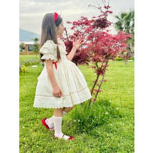 Krem Kırmızı Kurdaleli Vintage Kız Bebek Elbisesi,doğum Günü,fotoğraf Çekim ELBISESI,0-12YAŞA Uygun