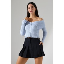 Lavinza Omzu Açık Katlamalı Triko Crop Bluz