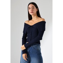 Lavinza Omzu Açık Katlamalı Triko Crop Bluz