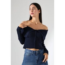 Lavinza Omzu Açık Katlamalı Triko Crop Bluz