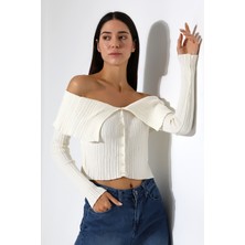 Lavinza Omzu Açık Katlamalı Triko Crop Bluz