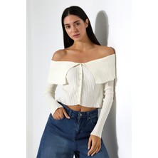 Lavinza Omzu Açık Katlamalı Triko Crop Bluz