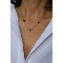 Yenigün Kuyumculuk 14 Ayar Altın Onix Taşlı (Siyah) Mini Üçlü Yonca Kolye