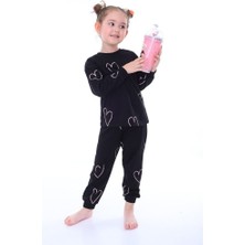 Nina Kids  Pamuk Kalp Desenli Siyah Bisiklet Yaka Kız Çocuk Pijama Takımı 3-4