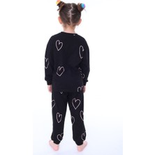 Nina Kids  Pamuk Kalp Desenli Siyah Bisiklet Yaka Kız Çocuk Pijama Takımı 3-4