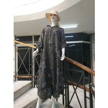 Italyan Gömlek Yaka Uzun Kol Dijital Çiçek Baskılı Keten Elbise-Pantolon (2'li  Takım)