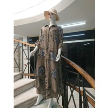 Italyan Gömlek Yaka Uzun Kol Dijital Çiçek Baskılı Keten Elbise-Pantolon (2'li  Takım)