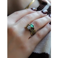 Ikili Doğal Taşlı Çiçek Motifli Antik Kadın Ayarlanabilir Yüzük Aytaşı Yeşil Akik EUY22AYA