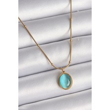 Clariss 316L Çelik Gold Renk Mavi Kedi Gözü Sedefli Oval Model Kadın Kolye
