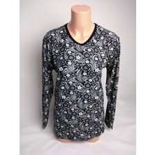 Yaşar Triko Kadın Siyah Desenli V Yaka Uzun Kollu Yanları Yırtmaçlı Mevsimlik Süet Anne Penye Tişört Bluz