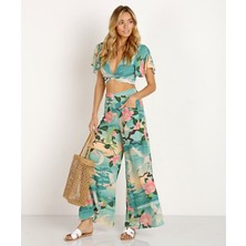 Fashion Cocktail Yeşil Japon Turna Kuşu Desenli Geniş Bol Paça Ipeksi Bohem Pantolon Yeşil