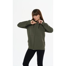 Safe Tasarım Kadın Pamuklu Kapüşonlu Fermuarlı Haki Sweatshirt