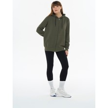 Safe Tasarım Kadın Pamuklu Kapüşonlu Fermuarlı Haki Sweatshirt