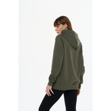 Safe Tasarım Kadın Pamuklu Kapüşonlu Fermuarlı Haki Sweatshirt