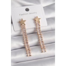 Çarşı Point Pirinç Gold Renk Yıldız Model Su Yolu Zirkon Taşlı Kadın Küpe