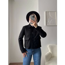 Düğmeli Çift Cep Kaşe Ceket -Siyah