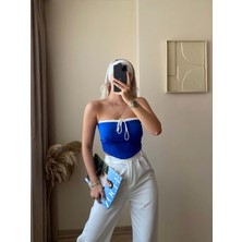 Bağlamalı Straplez Crop-Saks Mavi