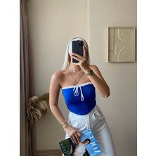 Bağlamalı Straplez Crop-Saks Mavi