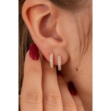 Fiyonk Kuyumculuk 14 Ayar Altın Çift Sıra Taşlı Halka Küpe 5