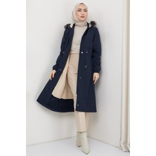 Hafsa Mina Lacivert Içi Kürklü Bondit Mont Kadın Kapüşonlu Uzun Kol HM2330