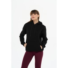 Safe Tasarım Kadın Pamuklu Içi Polarlı Kapüşonlu Siyah Sweatshirt