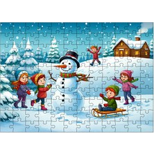 Ahşap Mdf Puzzle Yapboz Kış Eğlencesi ve Kardan Adamlar 120 Parça 25*35 cm