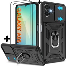 MTK Moveteck Samsung Galaxy A06 Kılıf Kamera Korumalı Sürgülü Yüzüklü Armor Military Zırh Tank Kapak + 1 Adet 9h Ekran Koruyucu Cam 1 Adet Kılıf Set