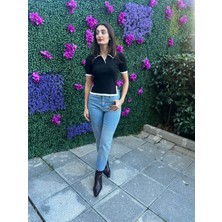 Polo Yaka Kısa Kol Triko Bluz-Siyah Renk