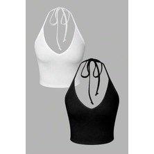 Liona 2 Li Paket V Yaka Siyah Beyaz Renk Desensiz Fitilli Kolsuz Boyun Askılı Likralı Fit Crop Top Bluz