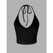 Liona V Yaka Siyah Renk Desensiz Boyun Bağlamalı Fitilli Kısa Kolsuz Likralı Fit Crop Top Bluz