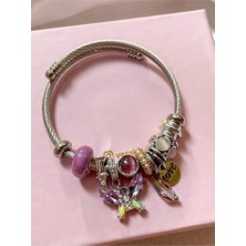 Snartun Hologram Mor Kristal Kelebek Charmlı I 316 L Paslanmaz Çelik I Ayarlanabilir Charm Çelik Bileklik