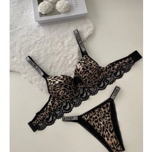 Ipli-Taşlı Parlak Leopar Desen Dolgulu Sütyen Takım