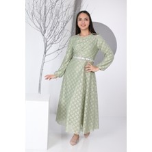 Kız Çocuk Güpür Desenli Beli Lastikli  Astarlı Uzun Yeşil Tesettür Abiye ELBISE-ELB-0014