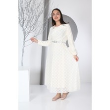 Kız Çocuk Güpür Desenli Beli Lastikli  Astarlı Uzun Krem Tesettür Abiye ELBISE-ELB-0014