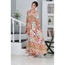 Kız Çocuk Viskon Kumaş Desenli Uzun Kiremit Tesettür ELBISE-ELB-0019