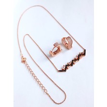 Gümüş Baget Gold Tasarım  Siyah Kolye Kalp Halka Küpe Kadın Set Sevgililer Günü Hediye