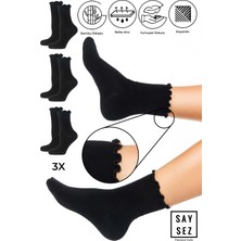 Bambu Kadın Lastiksiz Siyah Fırfırlı Soket Dikişsiz Çorap 3'lü Paket / Iz Bırakmaz / Sıkmayan Çorap