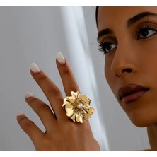 Gold Inci Detaylı Büyük Çiçek Yüzük