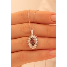 Osmanlı Gümüş Kadın Gümüş Kolye - Damla Model Yakut Taşlı Baget Süslemeli Rodyumlu Kadın Kolye