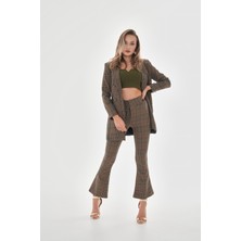 Isawella Omuzları Vatkalı Önü Çıtçıtlı Ekose Blazer Ceket - Vizon