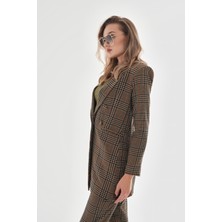 Isawella Omuzları Vatkalı Önü Çıtçıtlı Ekose Blazer Ceket - Vizon