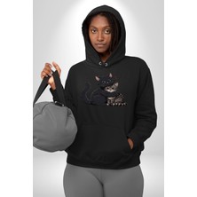 Navcoli Gül Tasarım Wardiere Erkek Kadın Siyah Dijital Baskılı Kapüşonlu Sweatshirt Hoodie