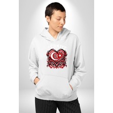 Navcoli Türkiye Ay Yıldız Kırmızı Beyaz Kalp Erkek Kadın Beyaz Dijital Baskılı Kapüşonlu Sweatshirt Hoodie