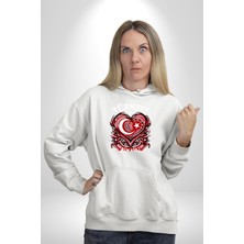 Navcoli Türkiye Ay Yıldız Kırmızı Beyaz Kalp Erkek Kadın Beyaz Dijital Baskılı Kapüşonlu Sweatshirt Hoodie
