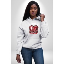 Navcoli Türkiye Ay Yıldız Kırmızı Beyaz Kalp Erkek Kadın Beyaz Dijital Baskılı Kapüşonlu Sweatshirt Hoodie