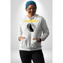 Navcoli Ay Dolunay Uluyan Kurt Erkek Kadın Beyaz Dijital Baskılı Kapüşonlu Sweatshirt Hoodie