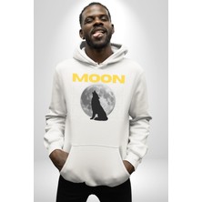 Navcoli Ay Dolunay Uluyan Kurt Erkek Kadın Beyaz Dijital Baskılı Kapüşonlu Sweatshirt Hoodie