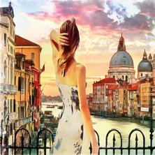 Kırmızı Ayı Manzaraya Bakan Kadın Sayılarla Boyama Seti Kasnaklı