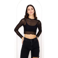Uzun Kollu Crop Tül Bluz